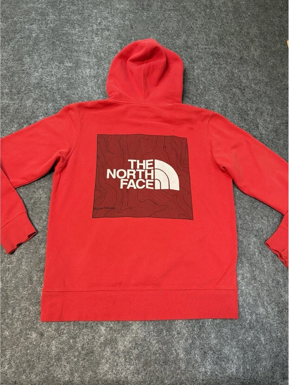 The North Face Men’s Small Red Pullover Hoodie Topographic Logo Graphic.